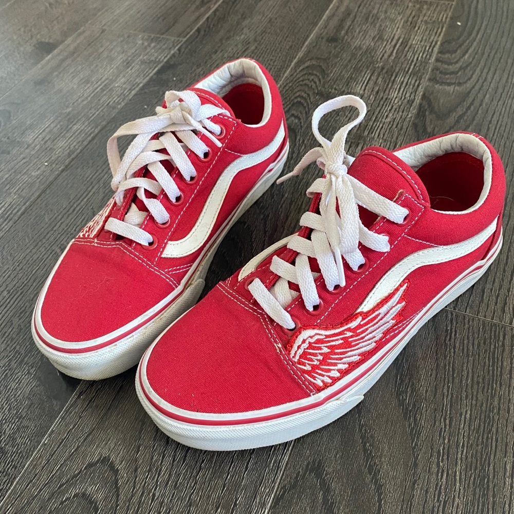 Custom Red Old Skool Vans with embroidery